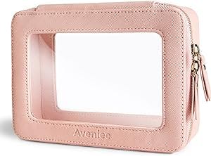 Aveniee Clear Makeup Bag Organizer, Portable Travel Toiletry Cosmetic Bag Case for Women, Heavy Duty Make Up Pouch with Transparent Vinyl Windows & Gold Zippers(Pink)