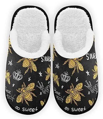 YYZZH Honey Bee Queen Crown Gold Embroidery Pattern Insect Luxury Fashion Print Fuzzy Feet Slippers Soft Non-Slip Indoor House Slippers Home Shoes For Bedroom Hotel Travel Spa For Women Men