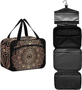 DOMIKING Luxury Mandala Golden Travel Toiletry Bag for Women Men Hanging Makeup Organizer Cosmetic Bags for Travel essentials Toiletries