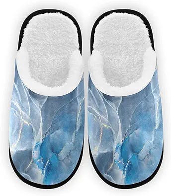 Comfy House Slippers Luxury Blue Marble Memory Foam Closed Toe Plush Spa Slippers Hotel Bedroom Home Travel Anti-Skid Sole Cotton Shoes M for Men Women