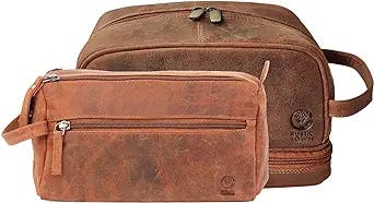RUSTIC TOWN Handmade Top Grain Leather Toiletry Bag Organizer Combo - The Best Masculine Travel Gift For Men Women