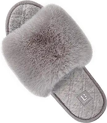 LongBay Women's Fuzzy Faux Fur Memory Foam Cozy Flat Spa Slide Slippers Comfy Open Toe Slip On House Shoes Sandals