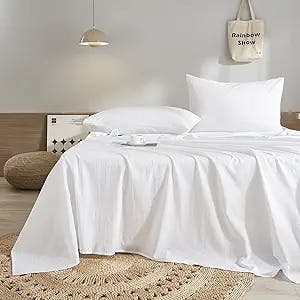 White Queen Sheets Set 4 Piece Bedding Sheets Hotel Luxury Cooling Sheets 100% Washed Cotton Bed Sheets & Pillowcases Set, Extra Soft Fitted Sheet 16" Deep Pocket Sheets for Queen Size Bed