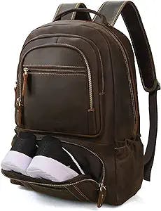 LANNSYNE Vintage Full Grain Genuine Leather Backpack 16" Laptop Bag with Shoe Compartment Casual Travel Daypack