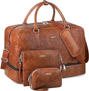 Weekender Bag for Women & Men with Shoe Compartment Faux Leather Overnight Bag Travel Duffel Bag Carry On Bag Fit 20" Laptop (3Pcs Set-Brown）