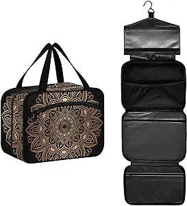 MCHIVER Luxury Mandala Golden Toiletry Bag for Women Men Travel Hanging Makeup Bag Waterproof Cosmetic Organizer with 4 Compartments for Toiletries Bathroom Shower Size L