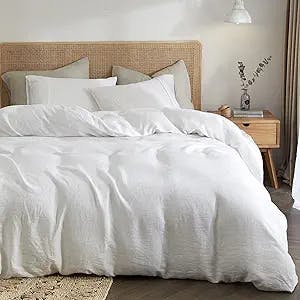 HYPREST Linen Duvet Cover King Size, 3PCS White Washed Flax Linen Bedding Duvet Covers Tuxtured Soft Breathable Cooling Comfy, Moisture-Absorbing & Durable