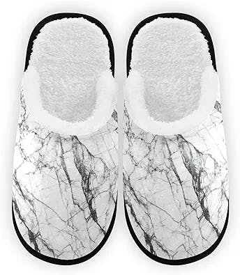 YYZZH Luxury White Marble Print Fuzzy Feet Slippers Soft Non-Slip Indoor House Slippers Home Shoes For Bedroom Hotel Travel Spa For Women Men