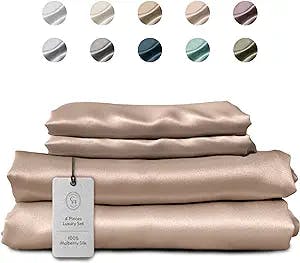 Colorado Home Co – 100% Silk Sheets 4pcs - Mulberry Silk Luxury Bedding Set Queen - Deep Pocket Fitted Sheet, Flat Silk Sheet, Silk Pillowcase Twin Set – Nude Champagne