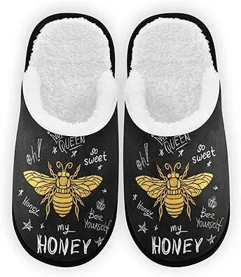 YYZZH Honey Bee Queen In Crown Golden Embroidery Insect Pattern Luxury Fashion Print Fuzzy Feet Slippers Soft Non-Slip Indoor House Slippers Home Shoes For Bedroom Hotel Travel Spa For Women Men