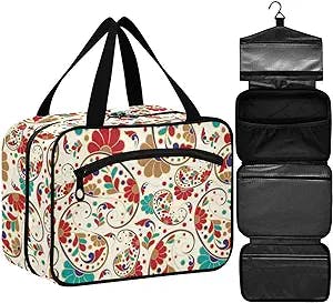 ZZKKO Toiletry Bags for Traveling Women Luxury Floral Beige Toiletry Bag with Hanging Hook Makeup Bag Travel Cosmetic Bag Travel Organizer for Accessories Toiletries Large