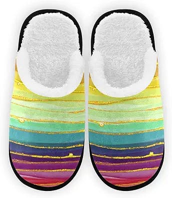 Rainbow Line Luxury Sparkle Comfy House Slippers Colorful Glitter Memory Foam Closed Toe Plush Spa Slippers Hotel Bedroom Home Travel Anti-Skid Sole Cotton Shoes M for Men Women