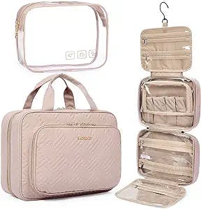 BAGSMART Toiletry Bag Hanging Travel Makeup Organizer with TSA Approved Transparent Cosmetic Bag Makeup Bag for Full Sized Toiletries (Baby Pink, Medium)