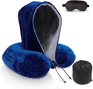 LAMART Travel Neck Pillow for Airplane Sleeping, Memory Foam Neck Hooded Pillow for Sleep Well, Travel Neck Pillow with Hood and Eye Mask to, Lightweight Neck Pillow (Blue/Grey)