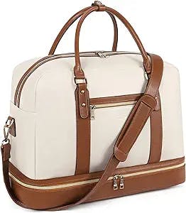 CLUCI Weekender Bag for Women Travel Leather Duffel Bag Carry on Overnight Bag Beige with Brown