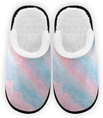 Luxury Pink Blue Marble Comfy House Slippers Memory Foam Closed Toe Plush Spa Slippers Hotel Bedroom Home Travel Anti-Skid Sole Cotton Shoes M for Men Women