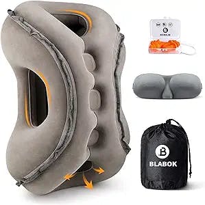 Inflatable Travel Pillow,Multifunction Travel Neck Pillow for Airplane to Avoid Neck and Shoulder Pain,Support Head,Neck,Used for Sleeping Rest, Airplane and Home Use,with Eye Mask, Earplugs,Gray