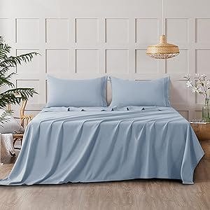 CozyLux Queen Bed Sheets Set 1800 Series 4-Piece Embroidered Double Brushed Microfiber Sheets 16" Deep Pocket Hotel Soft Luxury Bedding Sheet Set, Wrinkle Resistant, Light Blue