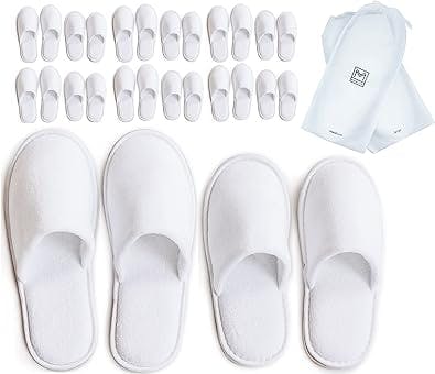 MODLUX Spa Slippers - 12 Pairs of Cotton Velvet Closed Toe Slippers w/Travel Bags – Thick, Soft, Non-Slip, Disposable Slippers – 6 Medium/6 Large - Home, Hotel, or Commercial Use (12 Pack Combo White)
