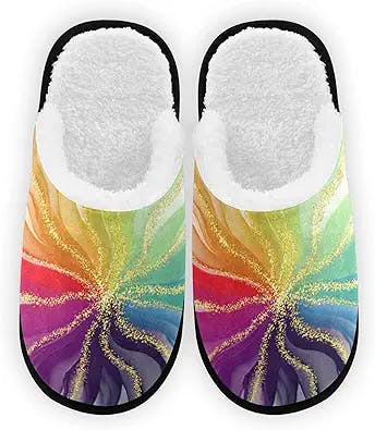 Rainbow Luxury Glitter Comfy House Slippers Memory Foam Closed Toe Plush Spa Slippers Hotel Bedroom Home Travel Anti-Skid Sole Cotton Shoes M for Men Women