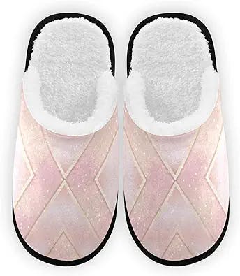 Luxury Pink Glitter Pastel Comfy House Slippers Golden Lines Memory Foam Closed Toe Plush Spa Slippers Hotel Bedroom Home Travel Anti-Skid Sole Cotton Shoes M for Men Women
