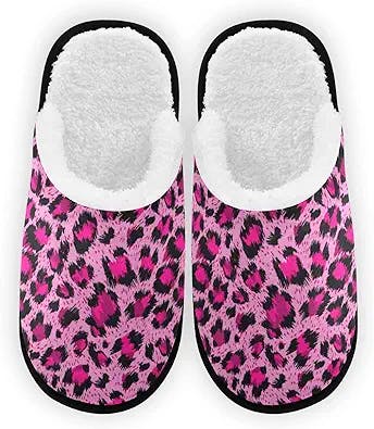 Luxury Pink Leopard Pattern Comfy House Slippers Memory Foam Closed Toe Plush Spa Slippers Hotel Bedroom Home Travel Anti-Skid Sole Cotton Shoes M for Men Women