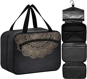ZZKKO Toiletry Bags for Traveling Women Luxury Mandala Black Toiletry Bag with Hanging Hook Makeup Bag Travel Cosmetic Bag Travel Organizer for Accessories Toiletries Large