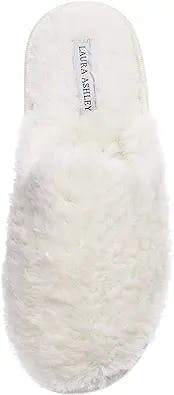 Laura Ashley Womens Plush Faux Rabbit Fur One Band Memory Foam Slide Slippers, Warm Fuzzy Fluffy Open Toe Slides