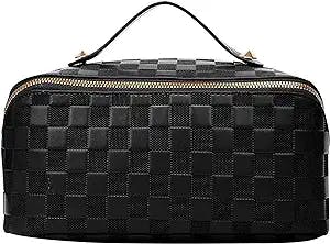 Iobzxzwrym Large Capacity Travel Cosmetic Bags Women Checkered Leather Makeup Organizer Girls Toiletry Bag Waterproof Portable Open Flat Black 9.8" X 4.7" X 4.7"