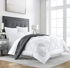 Sleep Restoration All Seasons Queen/Full Size Comforter - Reversible -  Cooling, Lightweight Summer Down Comforter Alternative - Hotel Quality Bedding Comforters - Grey/White