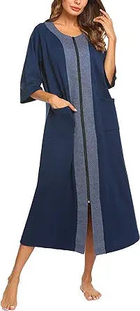 Ekouaer Women's Zipper Robe Short Sleeve Loungewear Full Length Housecoat Sleepwear Nightgown Dusters with Pockets S-3XL