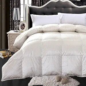 Abripedic Silk Goose-Down Comforter, Luxury Down Duvet Insert, 450 TC Cotton-Silk Striped Cream Shell 650FP, King/Cal-King