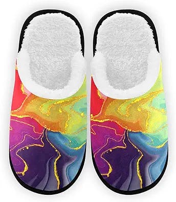 Rainbow Luxury Gold Glitter Comfy House Slippers Memory Foam Closed Toe Plush Spa Slippers Hotel Bedroom Home Travel Anti-Skid Sole Cotton Shoes M for Men Women