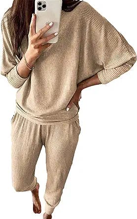PRETTYGARDEN Women's Fashion Outfits 2 Piece Sweatsuit Solid Color Long Sleeve Pullover Long Pants