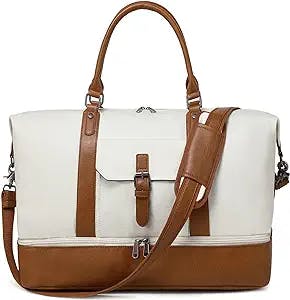 SHENHU Weekender Bags for Women Canvas Large Travel Duffel Bag Overnight Weekender Bag Carry on Shoulder Bag with Leather Shoes Compartment for Men Beige