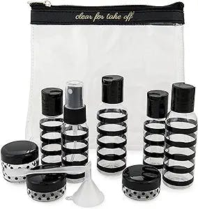 MIAMICA Women's TSA Compliant Travel Bottles and Toiletry Bag Kit, 12 Piece, Black/Clear, One Size