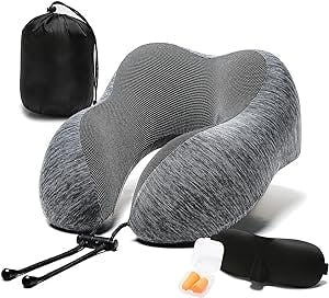 Travel Pillow, 100% Memory Foam Neck Pillow with Comfortable Breathable Cover, Airplane Travel Kit Cooling Pillow with 3D Eye Mask, Ear Plugs and Organizer Bag, Machine Washable, Grey/Blue (Grey)