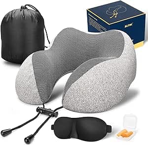 MLVOC Travel Pillow 100% Pure Memory Foam Neck Pillow, Comfortable & Breathable Cover - Machine Washable, Airplane Travel Kit with 3D Sleep Mask, Earplugs, and Luxury Bag, Grey