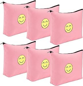 Coume 6 Pieces Large Preppy Patch Makeup Bag Smile Cosmetic Bag Portable Waterproof Toiletry Zipper Pouch Daily Use Storage Purse Travel Organizer for Women Girls Gift (Pink)
