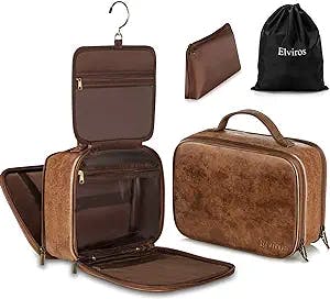 Elviros Travel Toiletry Bag for Men and Women, Large Hanging Leather Makeup Bags Organizer, 2 in 1 Water-resistant Cosmetic Case for Bathroom Toiletries Accessories (Dark Brown)