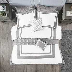Madison Park Heritage Comforter Quilt Combo Set - Modern Luxury Design, All Season Down Alternative Bedding, Matching Shams, Decorative Pillows, King/Cal King(104"x92"), Color Block Grey 8 Piece
