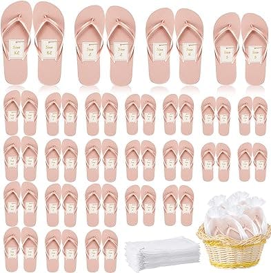 Unittype 24 Pairs Flip Flops Bulk for Wedding Guest Slippers Hotel Guest Spa Slippers Wedding Party Favors Flip Flops with Size Cards Drawstring Bags for Wedding Pool Party