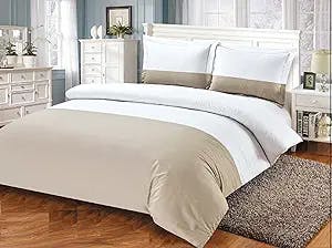 Violet Linen French Sateen Hotel Pattern, Luxury Ultra Soft 300 Thread Count - Cotton Sateen, Taupe, Twin 44-inch, 8 Piece Duvet Set, Bedding Duvet Cover Set for Two Beds