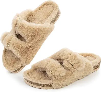 FITORY Womens Open Toe Slipper with Cozy Lining,Faux Rabbit Fur Cork Slide Sandals Size 6-11