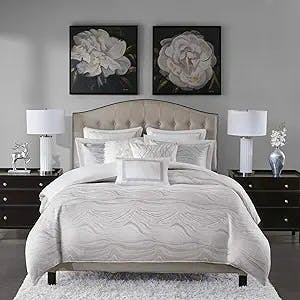 MADISON PARK SIGNATURE Hollywood Glam Cozy Comforter Set - All Season Bedding Combo Filled Insert and Removable Duvet Cover, Shams, Decorative Pillows, Metallic White King(110"x96") 10 Piece