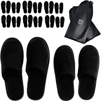 MODLUX Spa Slippers - 12 Pairs of Cotton Velvet Closed Toe Slippers w/Travel Bags – Thick, Soft, Non-Slip, Disposable Slippers – 6 Medium/6 Large - Home, Hotel, or Commercial Use (12 Pack Combo Black)