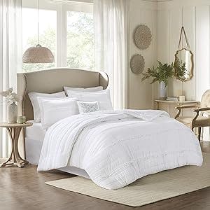 Madison Park Celeste Comforter Set-Textured Luxury Design All Season Down Alternative Bedding, Matching Sham, Decorative Pillows, King(104"x92"), White 5 Piece