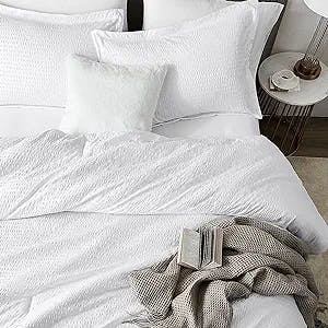 White Seersucker 7PC King Comforter Set with Sheets , All Season Down Alternative Quilted Duvet Insert, Microfiber Filling, Luxury Hotel Bedding Sets in a Bag, Size 104 inch, Boho Style For Women Men