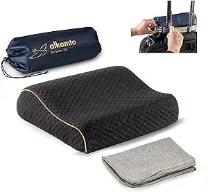 alkamto Travel & Camping Comfortable Memory Foam Pillow with Extra Cotton Cover – Easy to Carry Portable Bag – Temperature Regulating Pillow Case - Perfect for Travelling/Fishing/Backpacking/Hiking