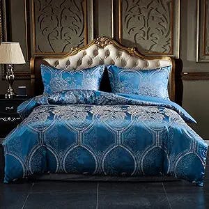 OSVINO Satin Duvet Cover Set Luxury 3 Pieces Jacquard Soft Silky Hotel Bedding Quilt Cover Pillowcases Set with Zipper Closure, Blue, Queen